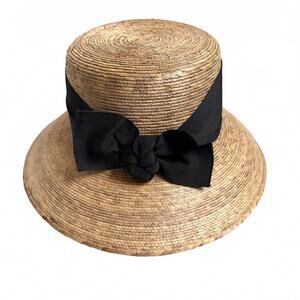 Tula | Women’s Somerset Straw Hat Black Bow Wide Black Ribbon Palm Leaf OS